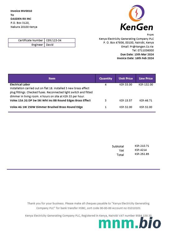 Kenya Kengen Electricity Generating Company rachunek za usługi komunalne szablon w formatach Word i PDF